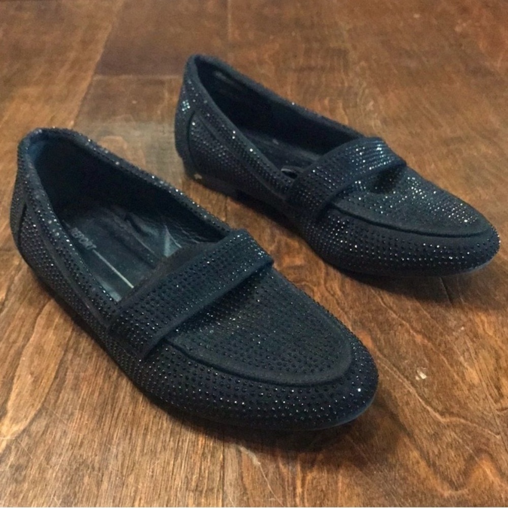 Report black jeweled loafers, size 7.5
